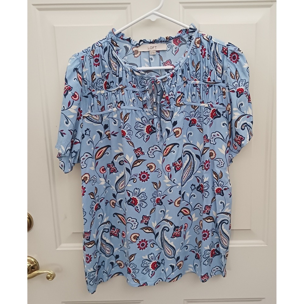 Loft Blue Floral Paisley Ruffle Neck Keyhole Blouse Top Medium FA23 755407